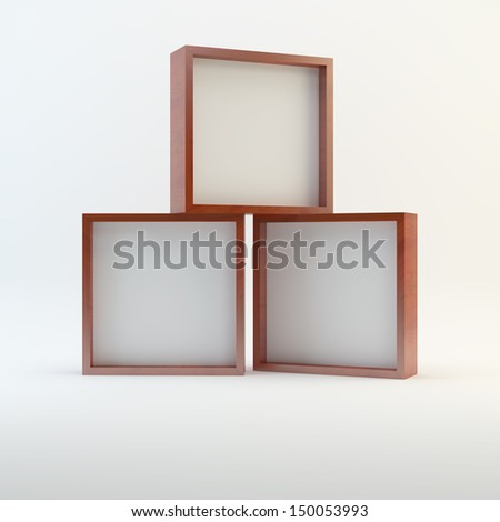 Three blank rounded box display new design wood frame template for design work, on white background.