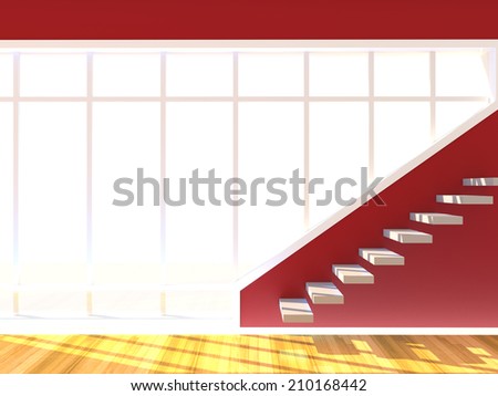Red wall decorate stair with windows