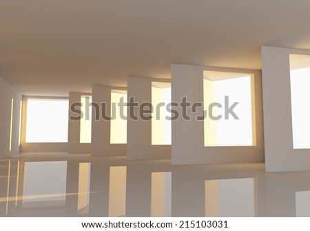 Empty room abstract wall and windows decorated reflection floors with the sun shines into the room.