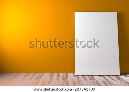 White blank poster drop to the ground in an empty room is painted orange with decorate wood floor. ,The concept can Image taken place to present their work freely.