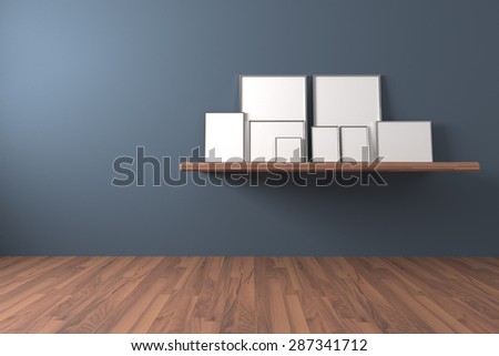 White blank poster on shelve and drop to the ground in an empty room is painted blue with decorate wood floor. ,The concept can Image taken place to present their work freely.