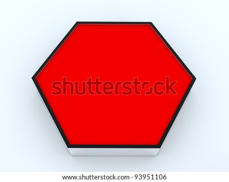 One blank red hexagon box display new design aluminum frame template for design work, on white background.
