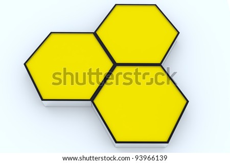 Three blank yellow hexagon box display new design aluminum frame template for design work, on white background.