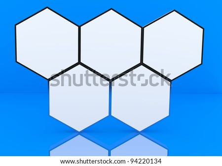 Five blank hexagon box display new design aluminum frame template for design work, on blue background.