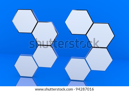 Eight blank hexagon box display new design aluminum frame template for design work, on blue background.
