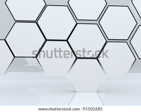 3D blank abstract hexagon box display new design aluminum frame template for design work, on white background.