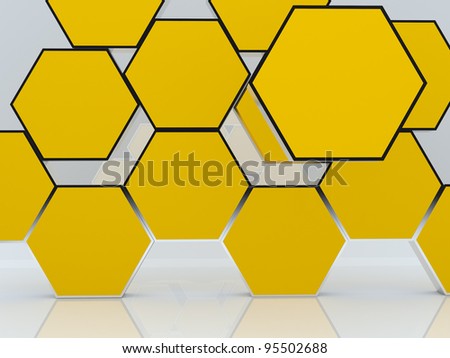 3D blank abstract yellow hexagon box display new design aluminum frame template for design work, on white background.