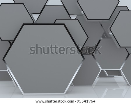3D blank abstrac gray hexagon box display new design aluminum frame template for design work, on white background.