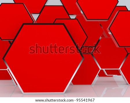 3D blank abstract red hexagon box display new design aluminum frame template for design work, on white background.