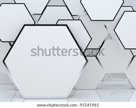 3D blank abstract hexagon box display new design aluminum frame template for design work, on white background.