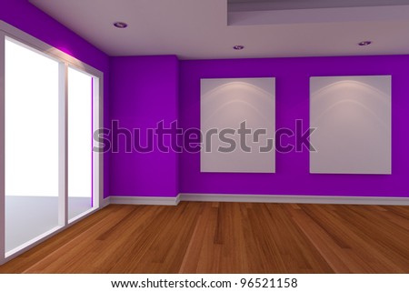 Gallery The picture on the purple wall. Decorated glass door with empty room.