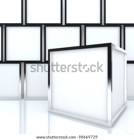 3D blank abstract white box display new design aluminum frame template for design work, on white background.