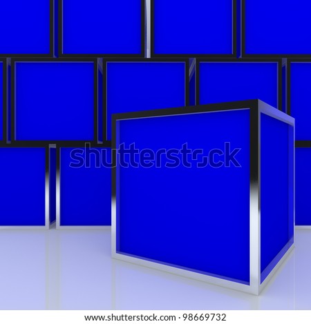 3D blank abstract blue box display new design aluminum frame template for design work, on white background.