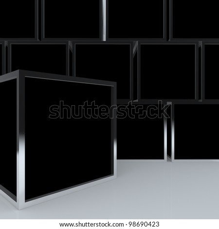 3D blank abstract black box display new design aluminum frame template for design work, on white background.