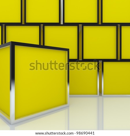 3D blank abstract yellow box display new design aluminum frame template for design work, on white background.