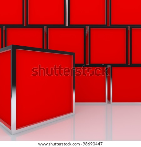 3D blank abstract red box display new design aluminum frame template for design work, on white background.