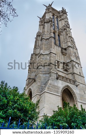 Paris - April 2013 -  view on St Jacques Tower. St. Jacques Tower is a monument located on Rue de Rivoli at Rue Nicolas Flamel.