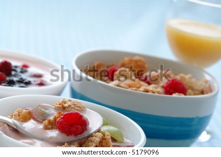 Bowl of yogurt, fruit, granola, cereals making a healthy breakfast