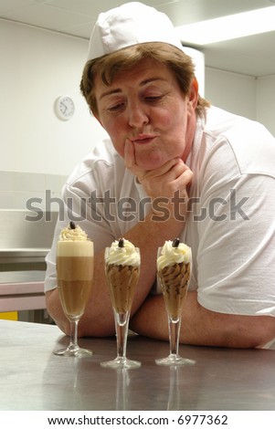 Chef cook proud of her results and presenting the delicious desserts but she does not know which to choose