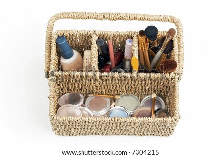 make up kit, cosmetics, brushes and foundation
