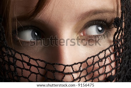 blue eyes, mysterious girl with her face covered by black net veil