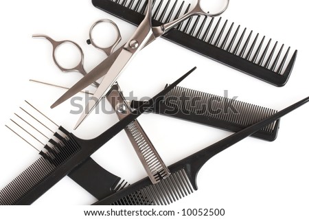 stock photo : set of combs and scissors, hairstyle accessories