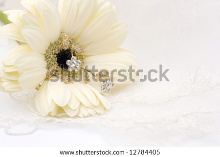 textile wedding background, flower and jewelry