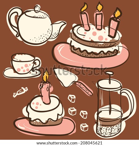 Coffee and sweets - doodles collection,Birthday cake,holiday background
