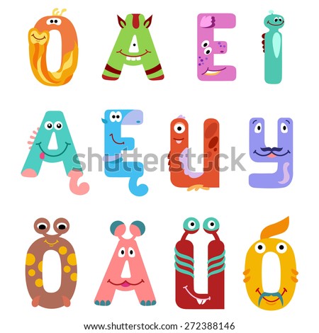 Vowels of the Latin alphabet like different monsters / There are vowels of the Latin alphabet with eyes, mouths, and ears. The letters belong to English, Polish and German alphabet