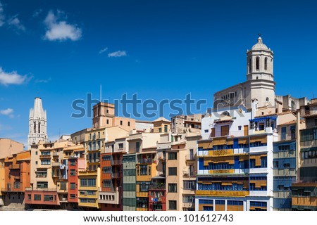 Another picturesque view of Girona with its Cathedral and the river houses, with copy space.