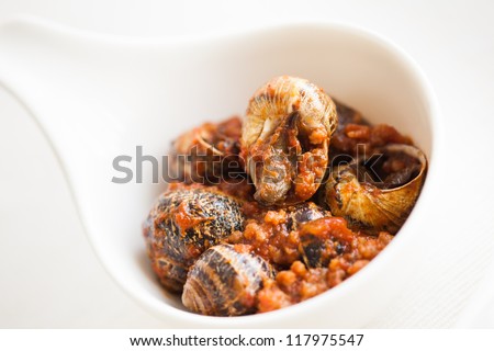 Tapas of cooked snails, typical spanish pub food, ready to eat! Horizontal version.