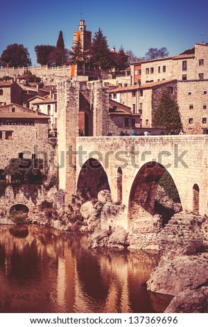 View of Besalu, small and nice medieval village in Girona. Vintage edition.