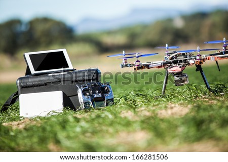 Professional equipment for drive a drone with tablet, monitor, tv, remote control.