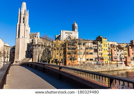 Picturesque view of Girona with its colorful river houses and the Cathedral.