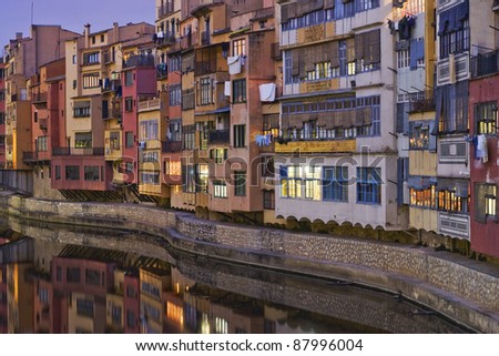 Picturesque view of the great Onyar river houses, in Girona.