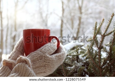 red mug in hands dressed in mittens against the background of an evergreen tree in winter / warming drink for mood