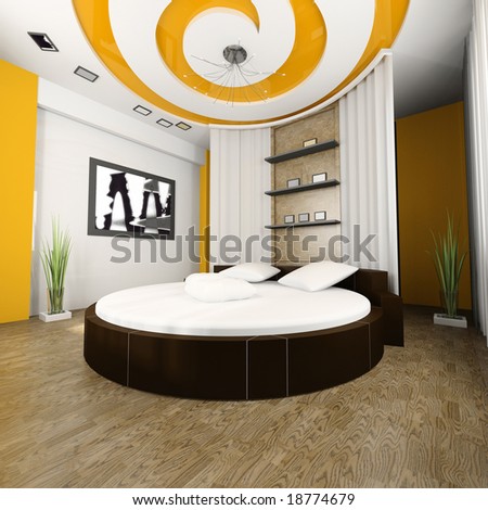 Sleeping room with a round bed 3d image