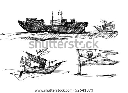 Sketch on a piracy theme, the black-and-white image on the isolated white background