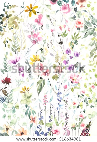 Hand painted watercolor flowers and plants on white background