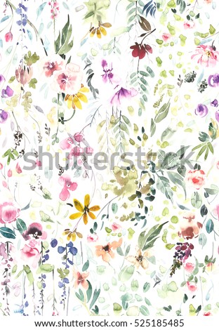 Hand painted watercolor allover seamless flowers and plants