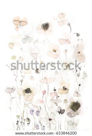 Hand painted watercolor flowers and plants in subtle colors from the bottom