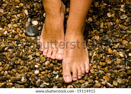 bronzed wet feet on stones