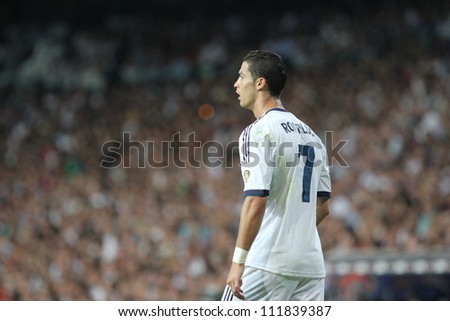 MADRID SPAIN AUGUST 29 Cristiano Ronaldo during the Supercopa Real Madrid vs FC Barcelona on August 29 2012 at the Santiago Bernabeu Stadium. MADRID SPAIN AUGUST 29 Cristiano Ronaldo during the Supercopa Real Madrid vs FC Barcelona on August 29 2012 at the Santiago Bernabeu Stadium.