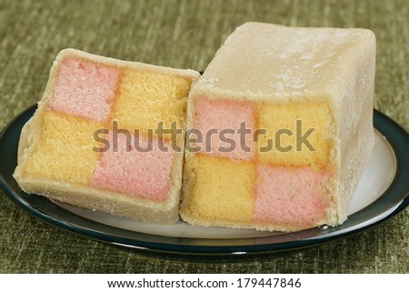 food pink and yellow battenberg sponge cake wit almond marzipan