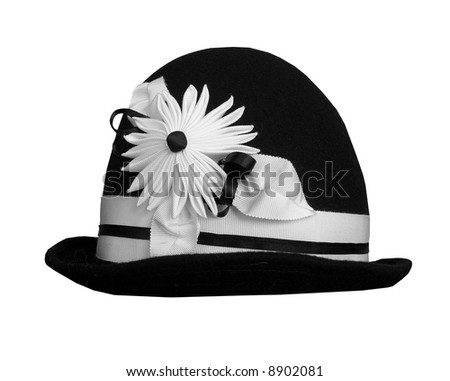 Fluffy black hat with white trim and flower