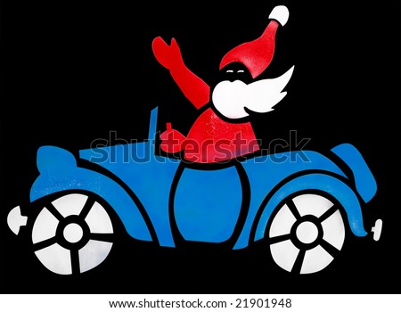 Santa in Blue Car isolated with clipping path