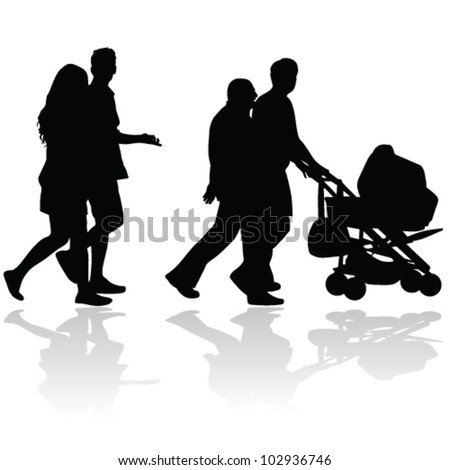 couple people with baby stroller silhouette on white