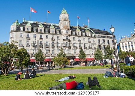 OSLO, NORWAY - SEPTEMBER 5: Grand Hotel is a hotel in Oslo, Norway on September 5, 2012. The hotel is best known as is the annual venue of the winner of the Nobel Peace Prize.