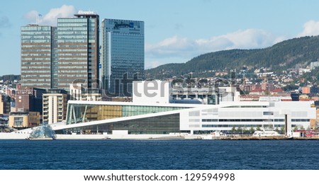 OSLO, NORWAY - SEPTEMBER 7: View on the National Oslo Opera House from Oslo Fjord on September 7, 2012, which was opened on April 12, 2008 in Oslo, Norway