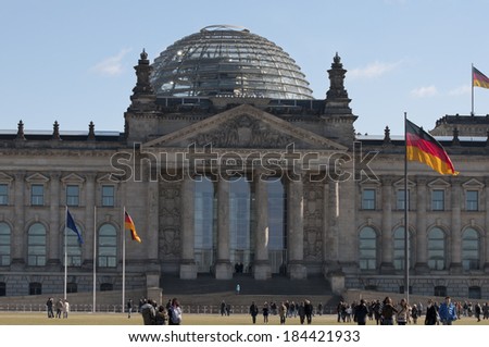 BERLIN, GERMANY - MARCH 19: Reichstag, on MARCH 19, 2011 in Berlin Germany is Parliament building of  German Empire. Opened in 1894 and housed the Parliament until 1933, when it was severely damaged.